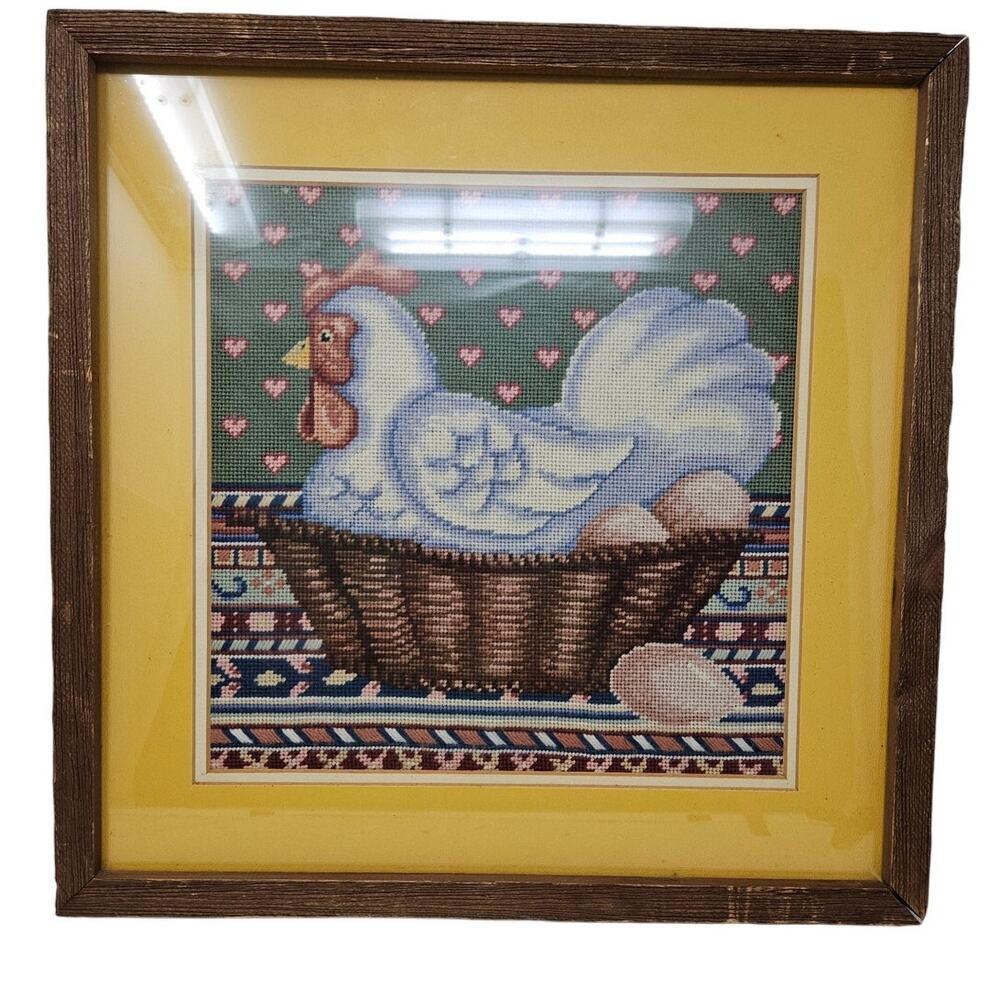 Vintage 90s Needlepoint Handmade Framed Chicken Print 17x17 in Farmhouse